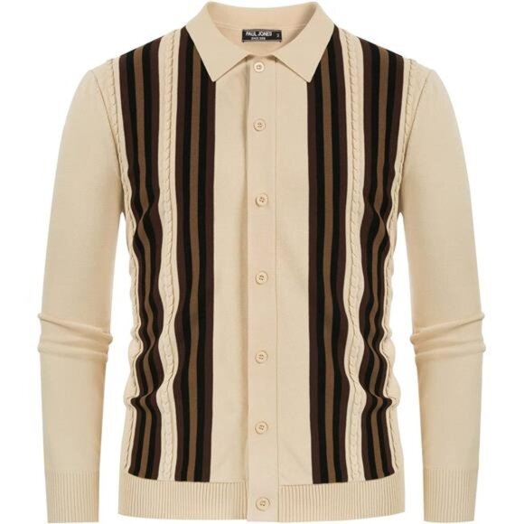 Men's Vintage Striped Knit Polo Shirt Long Sleeve Button Down Cardigan Sweater